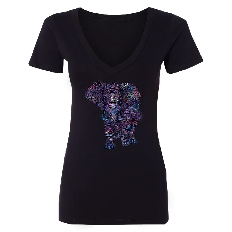 Zexpa Apparel™ Mandala Zentangle Pastel Elephant Women's Deep V-neck Souvenir Tee Cashmere Blend Cotton Blend Poly Blend