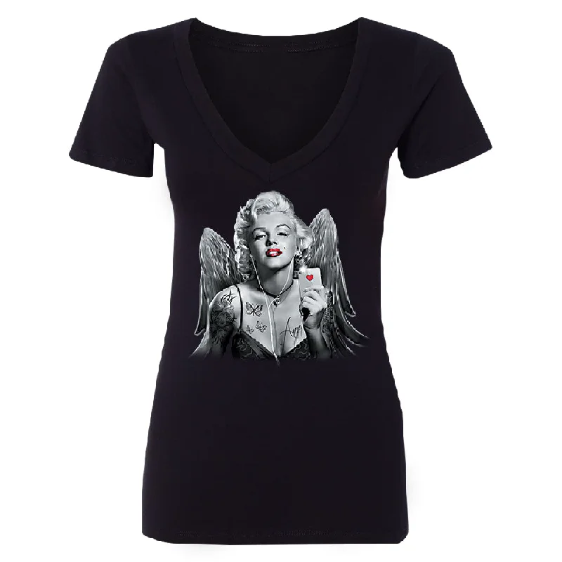 Zexpa Apparel™ Marilyn Monroe Angel Wings Phone Selfie Women's Deep V-neck Souvenir Tee Spandex Blend Rayon Blend Denim Blend