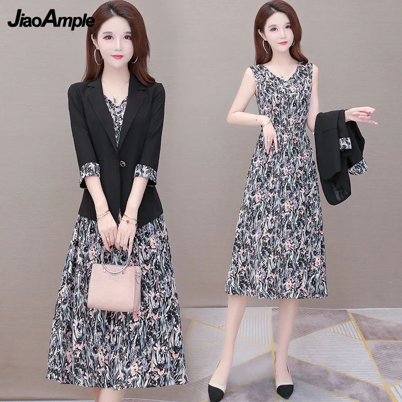 2023 Autumn Suit Floral Suspender Dress Two-piece Women's Casual Blazers Midi Skirt Set Korean Elegant Professional Dresse Set Women's Trendy Jacket