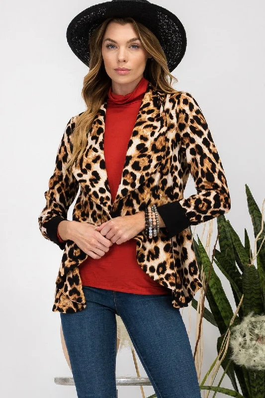 Celeste Full Size Leopard Open Front Long Sleeve Blazer Women's Elegant Suit