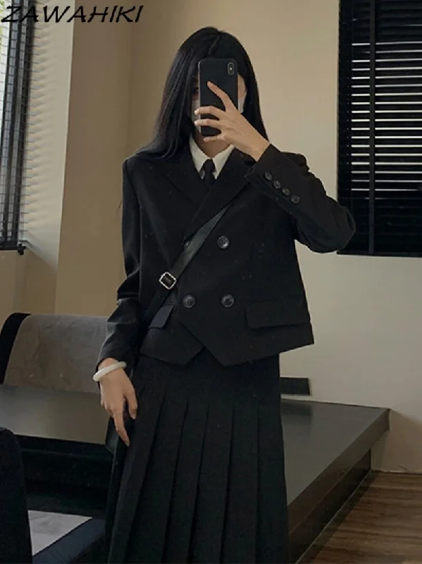 Japanese Jk Unifrom Sets Autumn Suit Blazer Pleated Skirt Women Elegant Loose Short Coat Double Breasted Midi Skirt Women Set Women's Fashion Blazer