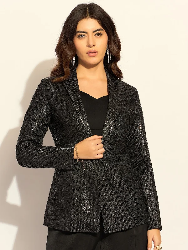 Black Polyester Squined Single-Breasted Party Blazer Women's Luxurious Jacket