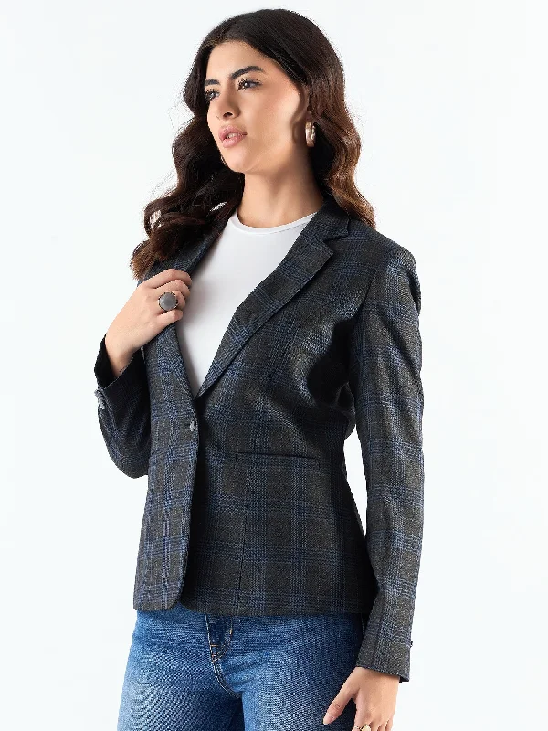 Classic Blue Poly Viscose Notched Collar Checkered Blazer Women's Fashion Blazer