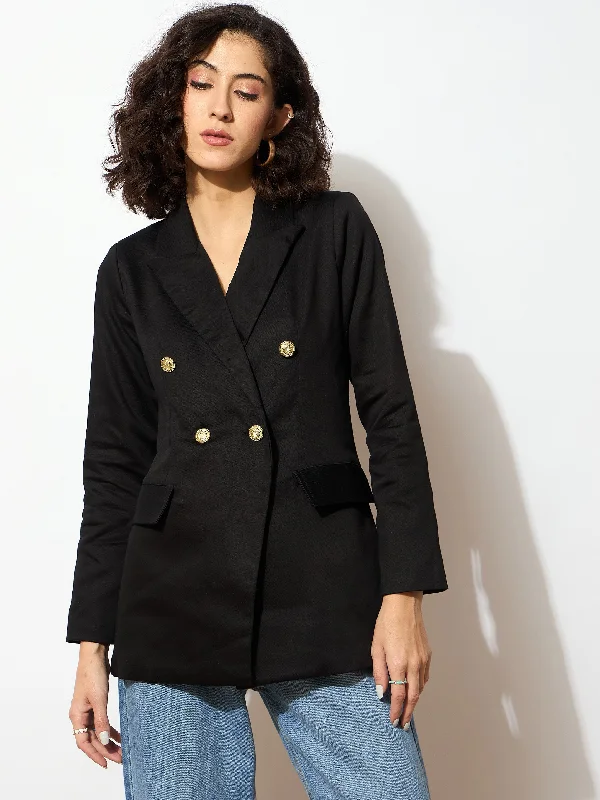 Women Black Full Sleeves Double Breasted Blazer Women's Trendy Jacket