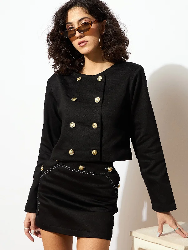 Women Black Twill Double Breasted Crop Blazer Women's Trendy Suit