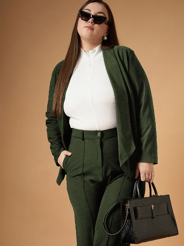 Women Olive Solid Shawl Collar Blazer With Straight Pants Women's Elegant Suit