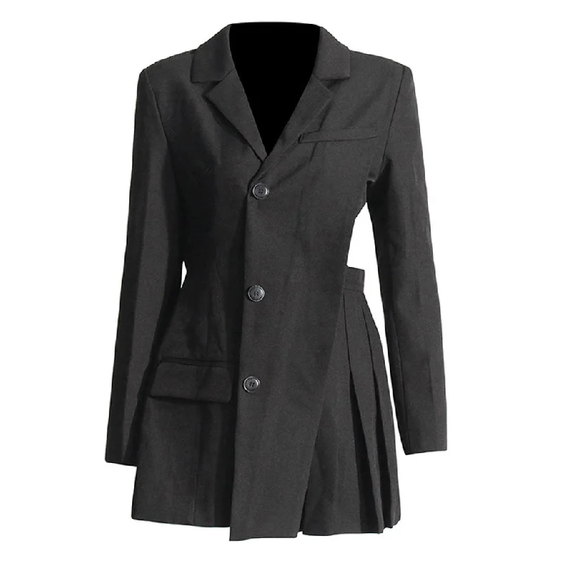 Asymmetric Cutout Lapel Shoulder Pad Button Up Pleated Mini Blazer Dress New Women's Blazer