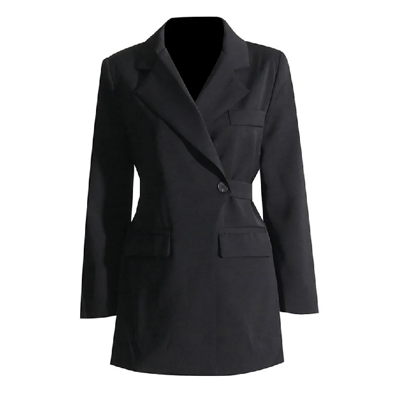 Asymmetrical Lapel Padded Shoulder Single Button Belted Mini Blazer Dress Slim Fit Blazer