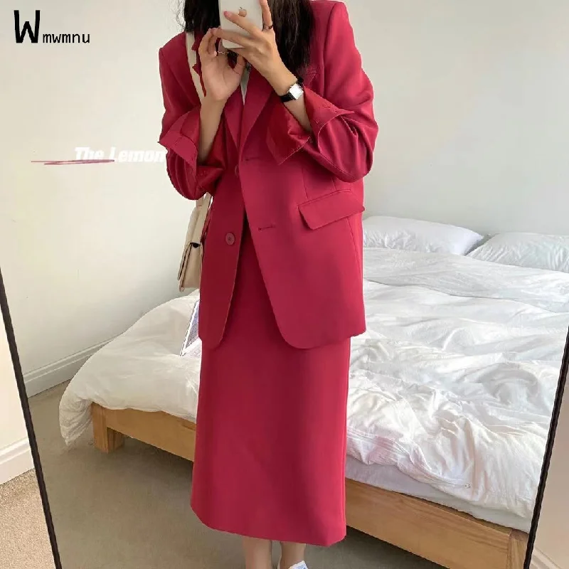 Casual Blazer Two Piece Sets Korean Solid Elegant Office Lady High Waist Slit Straight Midi Skirts and Loose Suit Coats Outfits Women's Vacation Suit