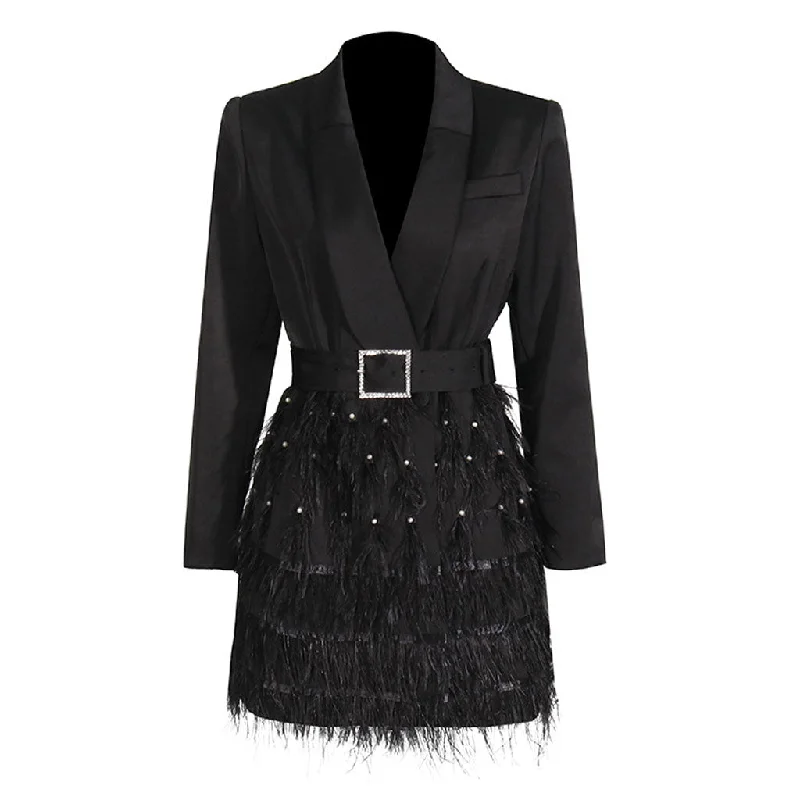 Classy Pearl Feather Belted Shawl Collar One Button Micro Mini Blazer Dress Spring Women's Coat