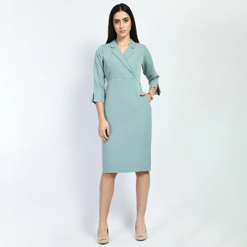 Cyan Blue Cotton Blend Wonder Blazersheath Dress Women's Elegant Suit