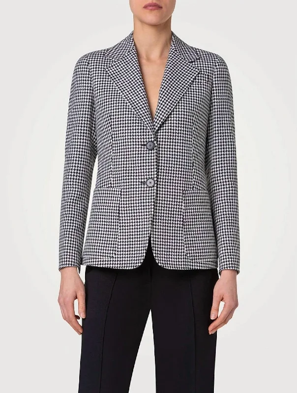 Houndstooth Single Breasted Wool Blazer In Black/cream Women's Fashion Blazer