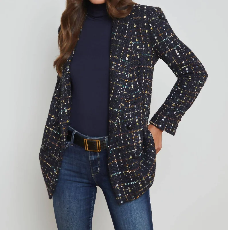 Jayda Tweed Blazer In Midnight/mustard Plaid Women's Fashion Blazer