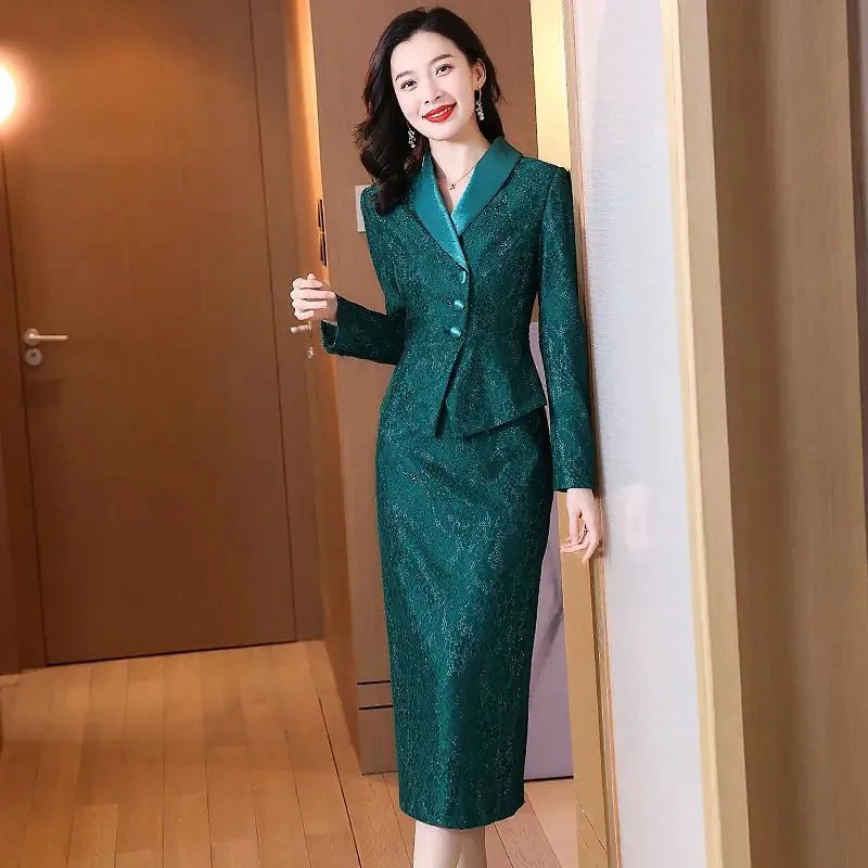 Professional Suit Women's Spring Autumn Temperament Green Suit Coat+Midi Skirt Two-piece Korean Elegant Blazers Set Women's Short Blazer