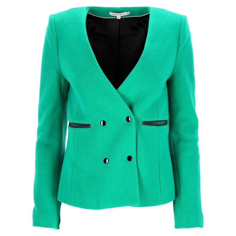 Sandro Paris Double-Breasted Blazer with Pockets in Green Wool Women's Party Jacket