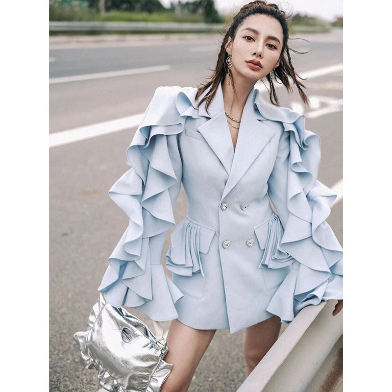 Statement Ruffle-Sleeve Double-Breasted Blazer Dress Women's Travel Jacket