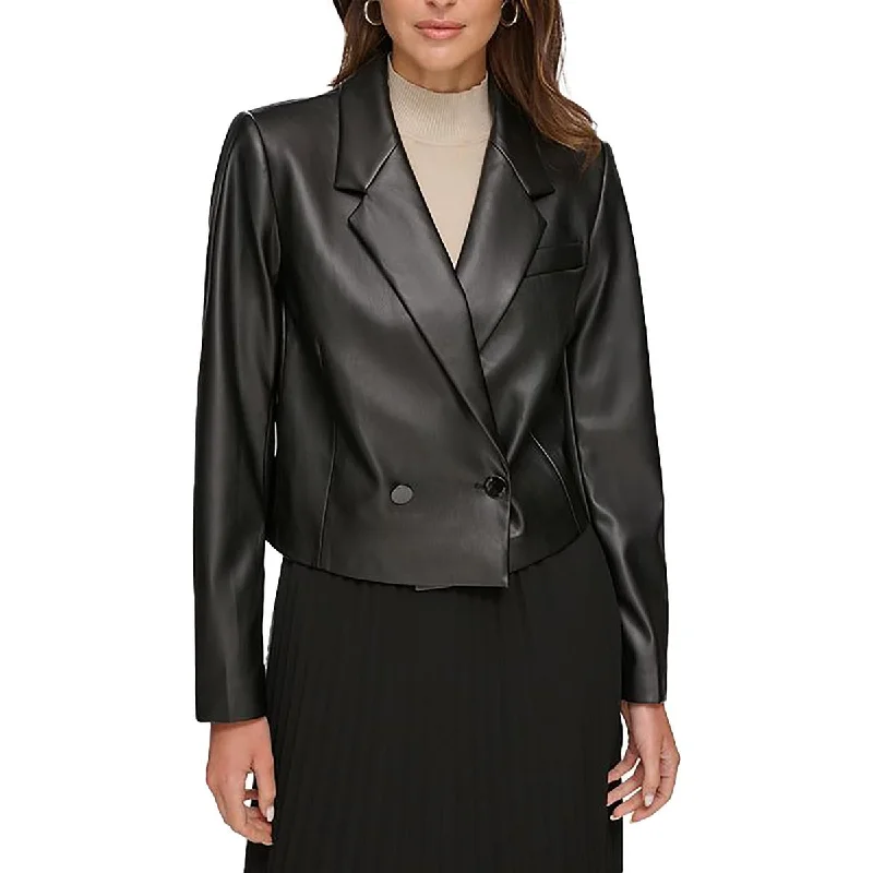 Womens Faux Leather Crop One-Button Blazer Women's Lightweight Blazer