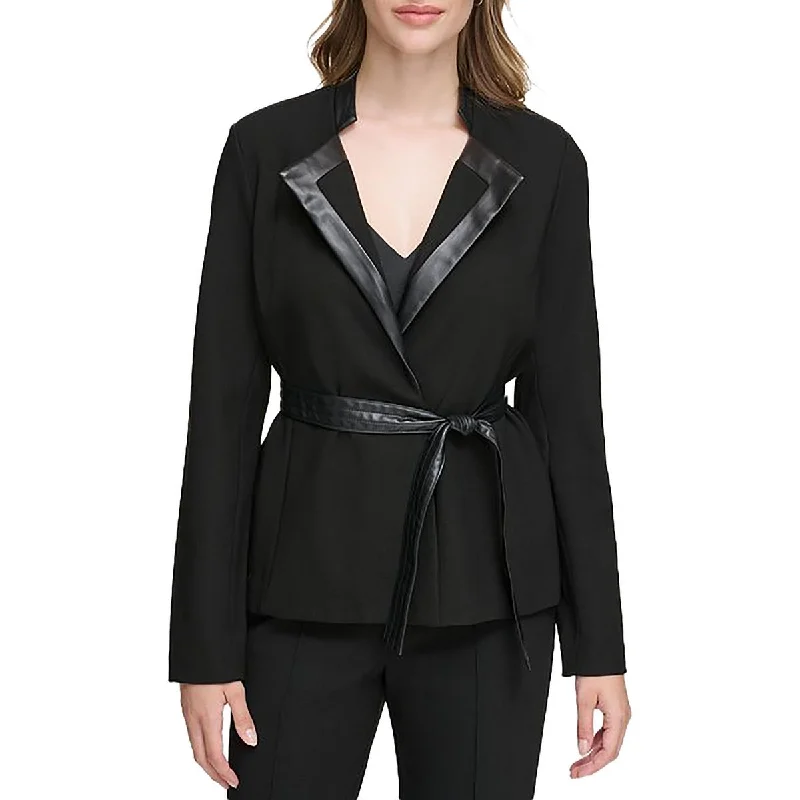 Womens Knit Faux Leather Trim Open-Front Blazer Women's Brand Blazer