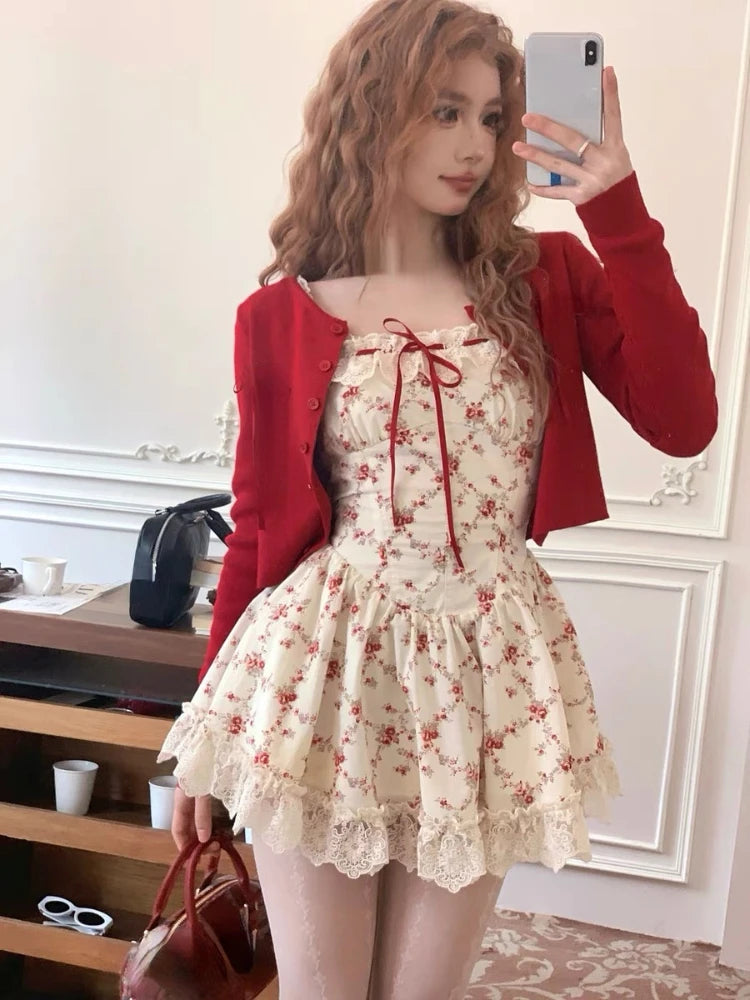 2024 New Sweet Floral Dress Set Woman Casual Red Short Cardigan Elegant Lace Y2k Mini Dress Beach Korean Fashion Clothing Suit Cowl Neckline Elegant