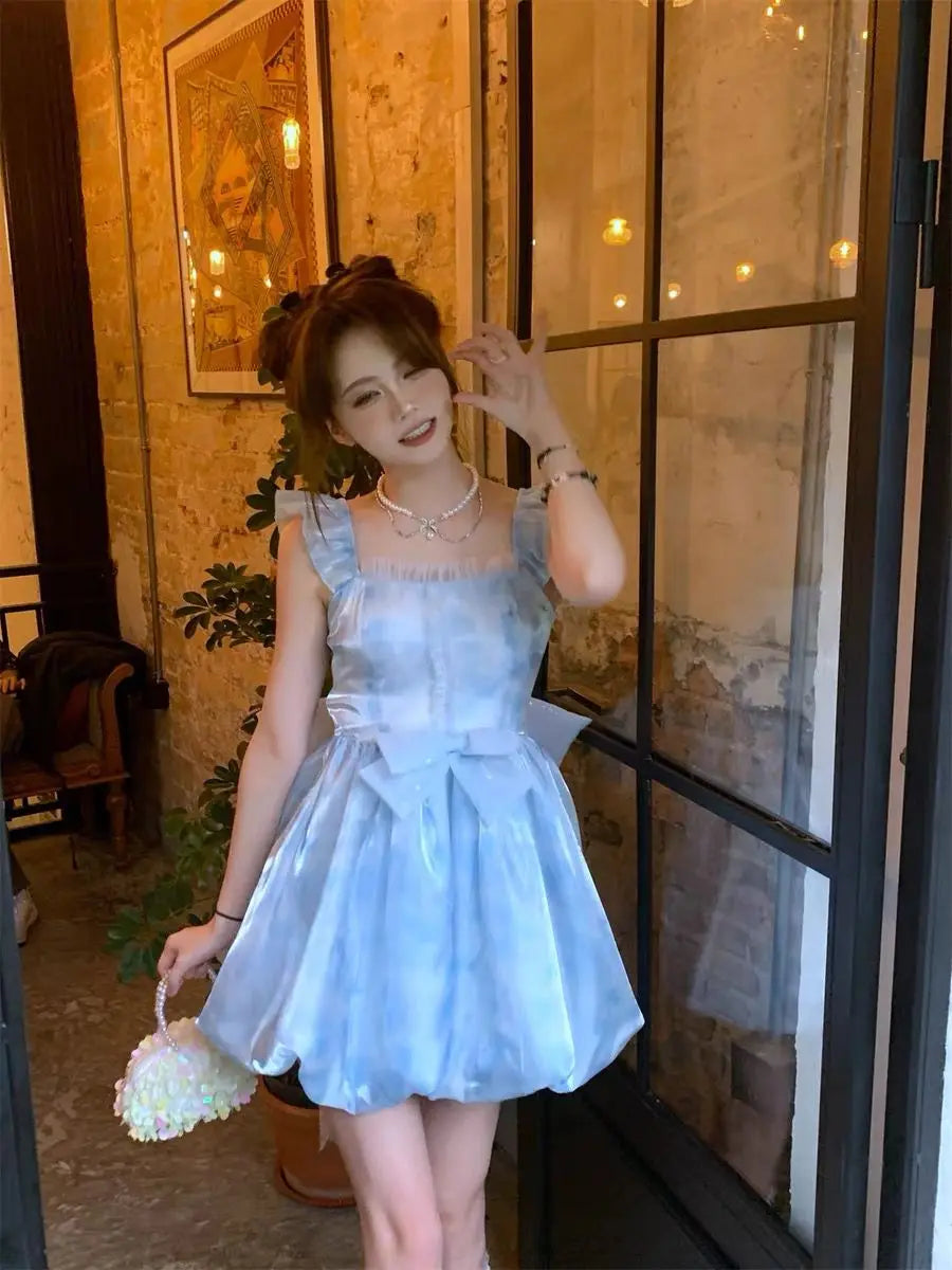 2024 Summer Backless Blue France Vintage Mini Dress Women Bow Flying Sleeve Sweet Elegant Dress Female Korea Evening Party Dress Tunics Chic fashionable