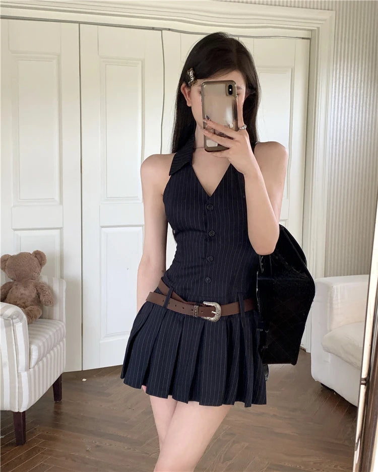 2024 Summer Woman Fashion V-neck Sleeve Striped Dress Clothing High Waist A-line Summer Vestido Female Pleated Y2k Mini Dresses Tunics Ceremony elegant