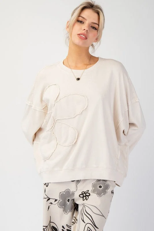 Flower Patch Washed Terry Knit Pullover Port Neck Pullover