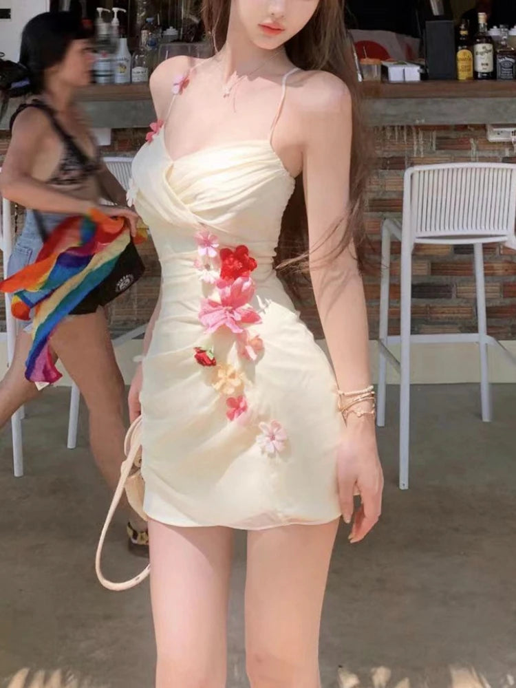 Aesthetic Sexy Party One Piece Dress Women Sleeveless Y2k Flower Elegant Mini Dress Female Lace Korea Princess Fairy Dresses New Tunics Stylish elegant