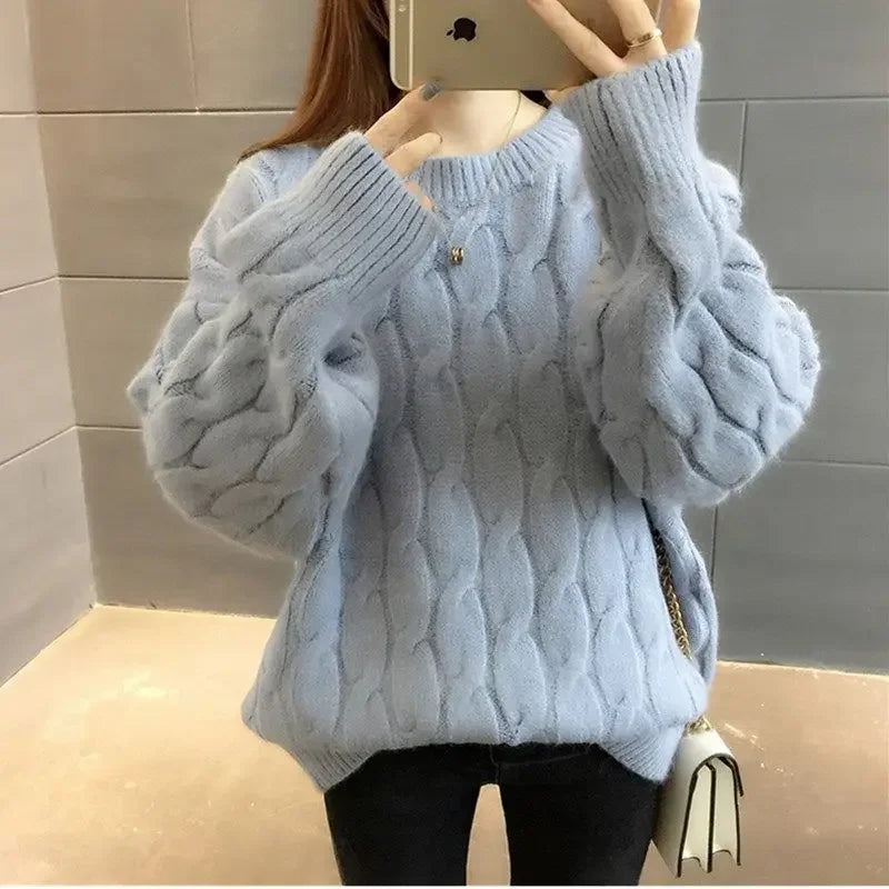 Ashore Shop Women Pullovers Casual Solid Color Knitwear Long Sleeve Winter Cable Knit Mock Neck Long Sleeve Halter Neck Top