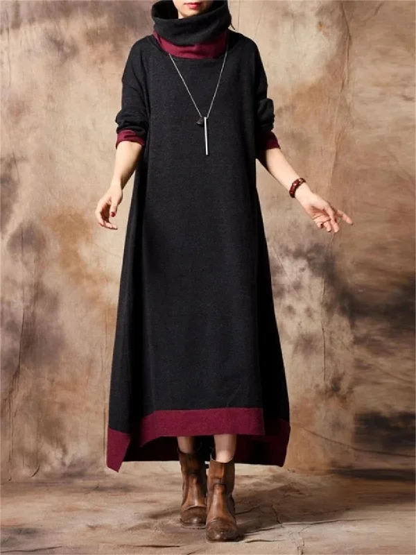 Autumn And Winter Casual High-Neck Contrast Sweater Dress Tunics Leisure comfortable