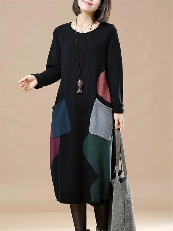 Autumn And Winter Casual Loose Contrast Color Women'S Sweater Dress Tunics Trendy modern