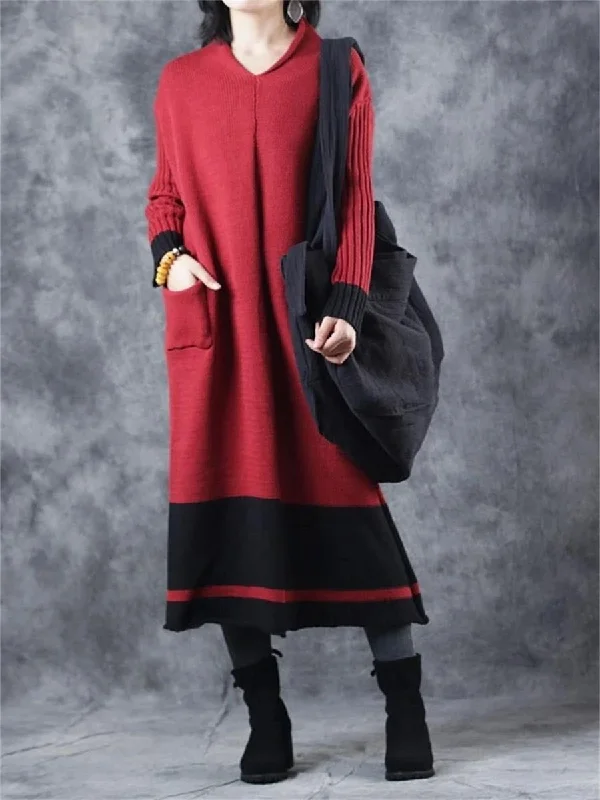 Autumn And Winter Casual Retro Contrast Color Women'S Sweater Dress Boat Neckline Classic