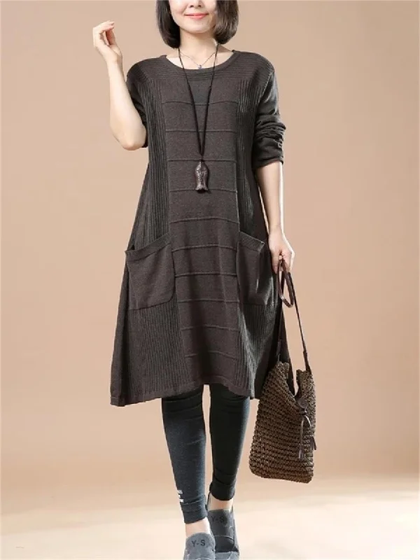 Autumn And Winter Casual Solid Color Pocket Women'S Sweater Dress A-Line Day Work