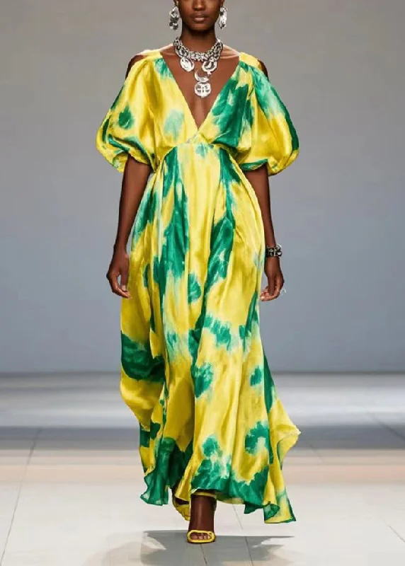 Beautiful Yellow Cold Shoulder Print Silk Maxi Dresses Lantern Sleeve Tunics Sophisticated sleek