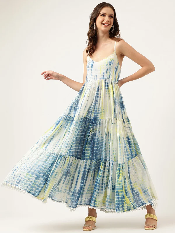 Blue Tie and Dye Dyed with Pom-Pom Detail Maxi Dress Tunics Polka dots