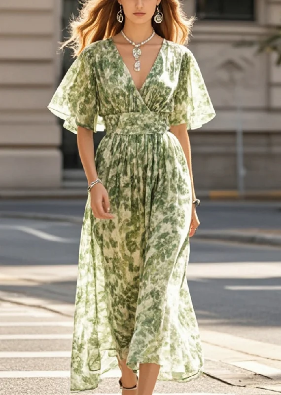 Boho Grass Green Print Chiffon Beach Dress Summer Tunics Running lightweight