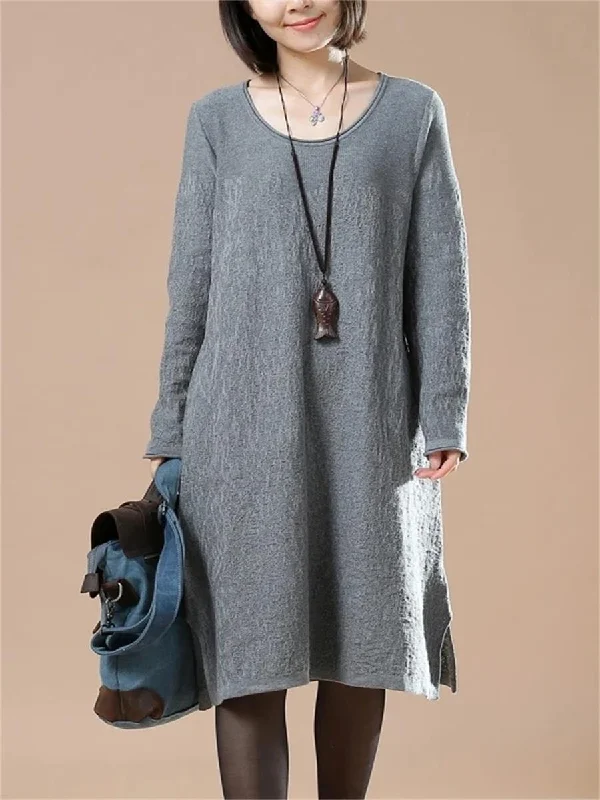 Casual Women'S Loose Solid Color Round Neck Sweater Dress Tunics Long Elegant