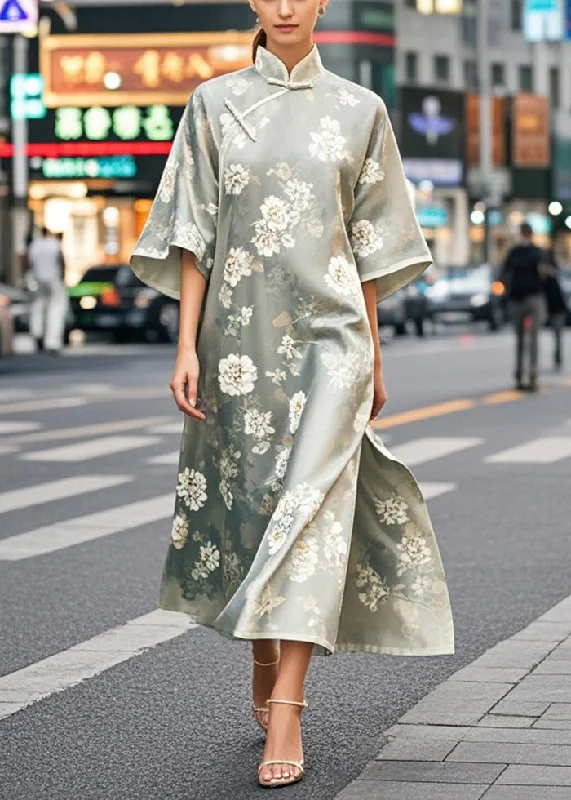 Chinese Style Print Side Open Silk Dress Half Sleeve Tunics Fall fleece