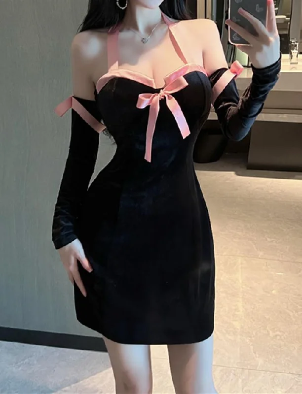 Contrast Color Bowknot Decor Mini Dress sweetheart Neckline Romantic