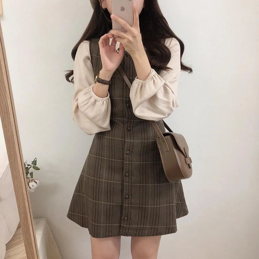 Cute Mini New Year Date Dresses Sleeveless Vest Women Korea Japanese Style Design Retro Vintage Plaid Button Shirt Dress 11021 Tunics Chinos classic