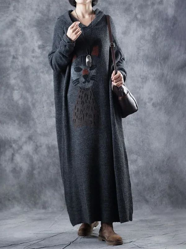 Cute Cat Print Hooded Women'S Knitted Dress Tunics Luxurious high-end