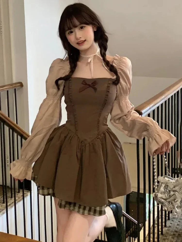 Deeptown Kawaii Korean Style Brown Mini Dress Women Fairycore Cute Lolita One Piece Long Sleeve Tunic Princess Dresses Autumn Tunics Chic elegant