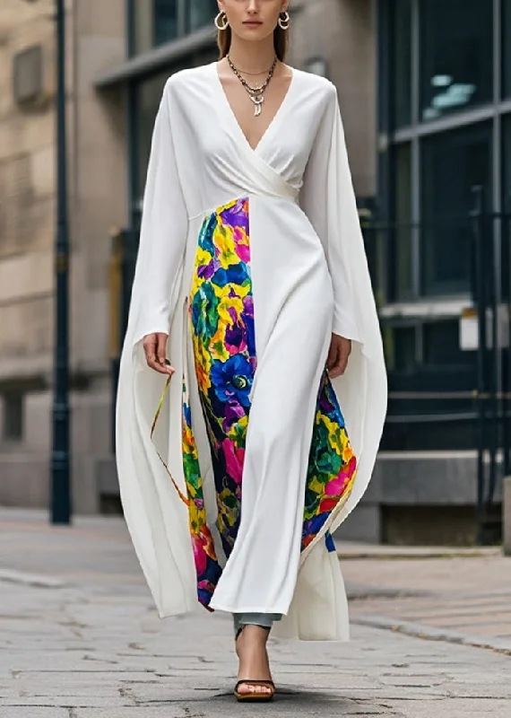 DIY White Asymmetrical Patchwork Chiffon Maxi Dresses Fall Tunics Canvas sturdy