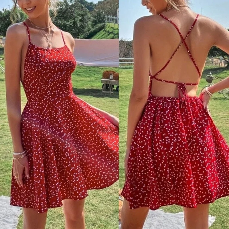 Dot Print Summer Mini Dress Women Back Lacing Straps Backless Cami Dress Print Boho Beach Dress High Waist Suspender Sexy Dress Tunics Favorite customer