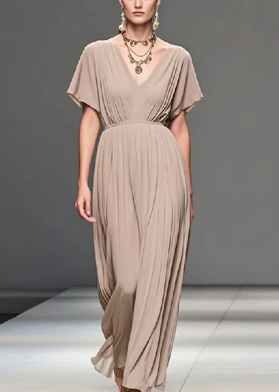 Elegant Apricot V Neck Wrinkled Chiffon Long Dress Summer Tunics Business professional