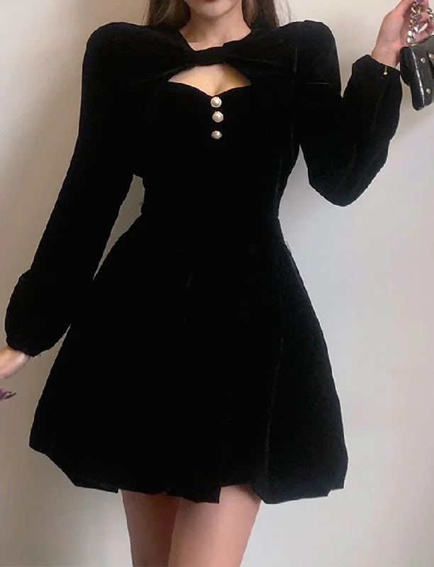 Elegant Chest Cutout Velvet Long Sleeve Party Mini Dress empire Waist empire