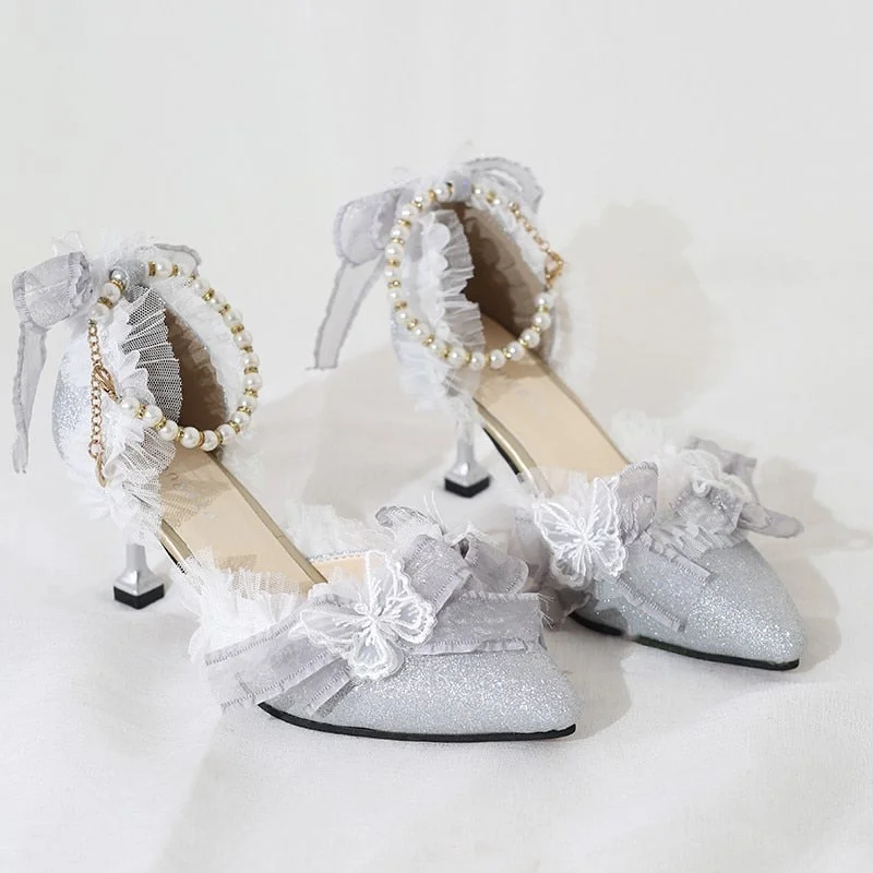 Elegant Lolita Lace High Heels Loli Wedding Dress Shoe Fairy Women Tea Party Butterfly Bow Lolita Sandals Feminine Cosplay Anime Tunics Prom sequined