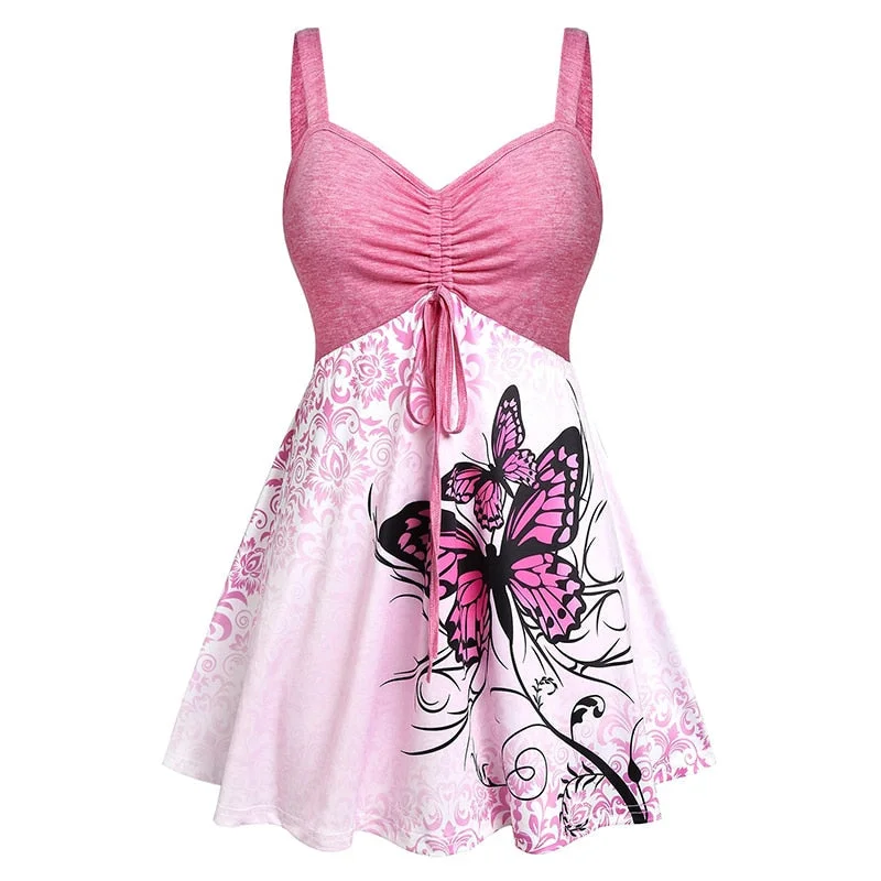 Fashion Ombre Color Butterfly Print Ruched Drawstring pleats Mini Dress Casual Sleeveless V Neck Sling Women Summer Sexy Dress Pbong mid size graduation outfit romantic style teen swag clean girl ideas 90s latina aesthetic Tunics Gym athletic