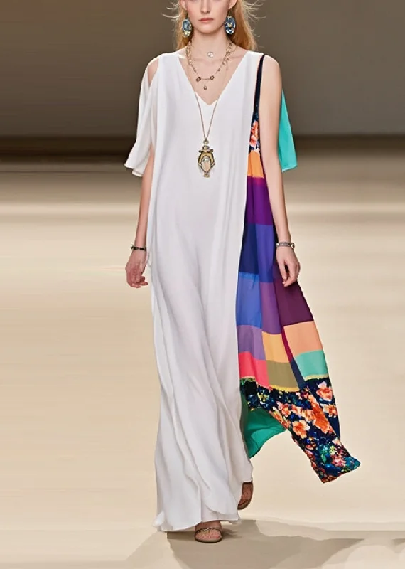 Fine White Asymmetrical Patchwork Cold Shoulder Chiffon Dress Summer Tunics Velvet soft