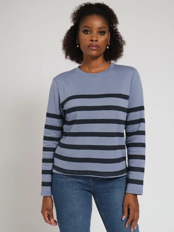 Fleece Striped Pullover - Navy/Blue Puff Sleeve Stylish