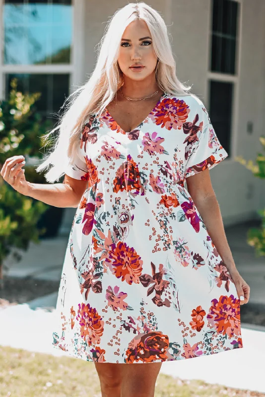 Floral Cuffed Short Sleeve Babydoll Dress Tunics Gym athletic